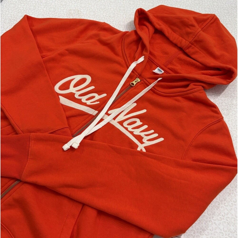 Old Navy Orange Full Zip Hoodie Spell Out Logo Fleece Sweatshirt Women’s M NWT
